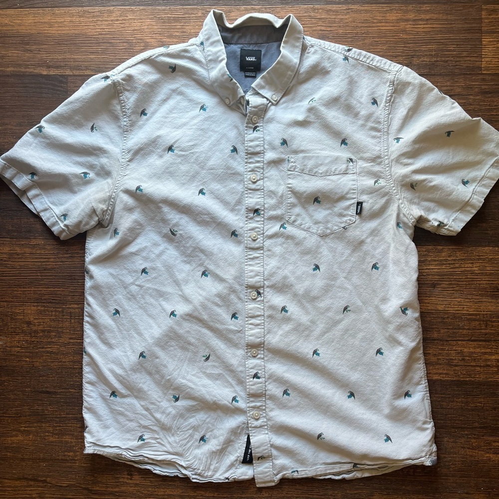 Men's VANS Shirt Gray Parrot Bird XL Pocket‎ TIKI Beach Summer Skate Tropical